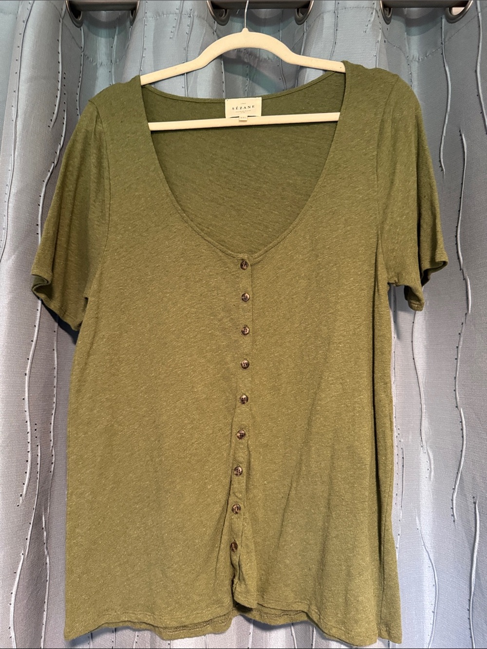 Sezane Olive Green Button-Front Scoop Neck Top